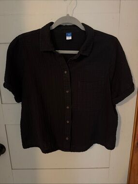 Old Navy Black 100% Cotton Button Up Short Sleeve Shirt Size M